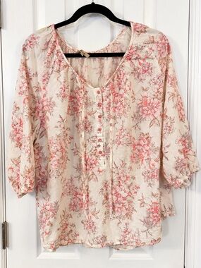 Soiree 1X Pink Floral Linen Blend Peasant Blouse Boho Cottagecore Top
